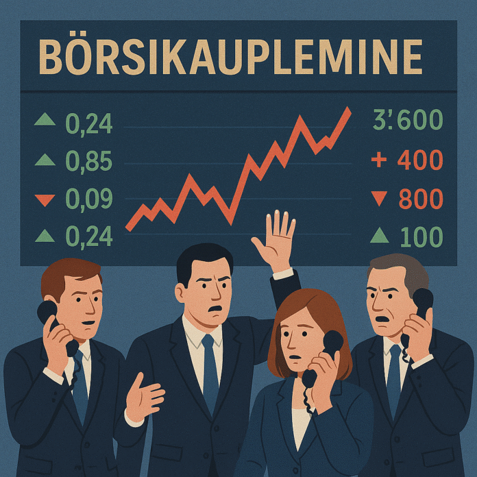 Illustratsioon börsikauplejatest tõusva graafiku ja pealkirjaga 'Börsikauplemine'