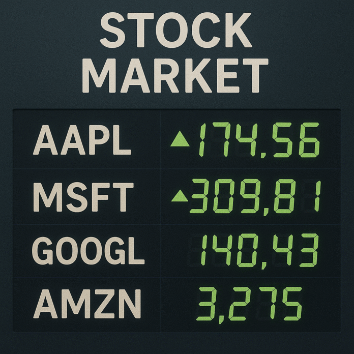 Sarnane börsitabloo aktsiahindadega: AAPL, MSFT, GOOGL ja AMZN, roheliste tõusunooltega.