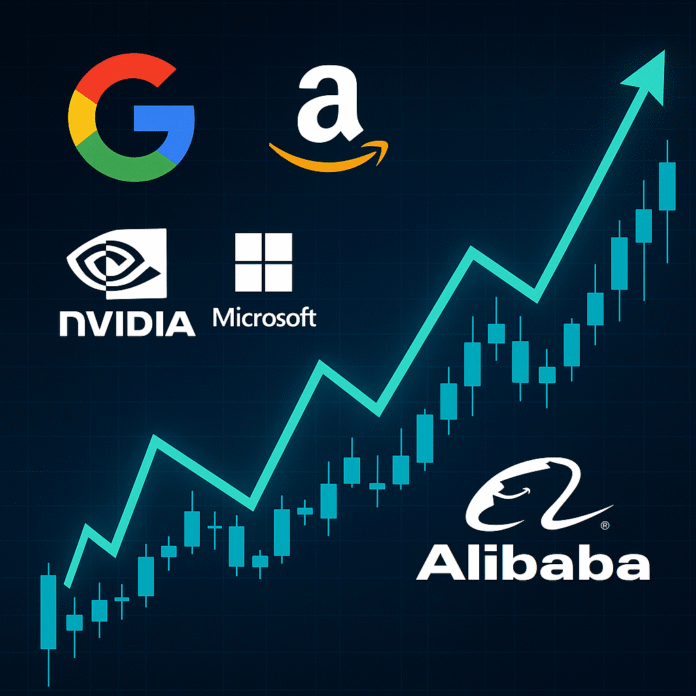 Illustratsioon tuntud tehnoloogiaettevõtete logodega: Google, Amazon, Nvidia, Microsoft ja Alibaba. Taustal sinisel graafikul tõusev küünalgraafik ja nool ülespoole.