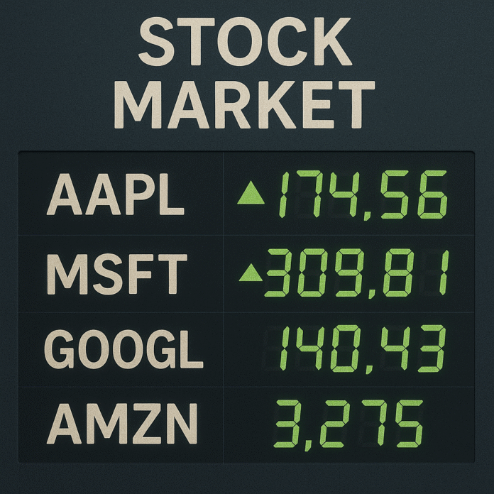 Börsitabloo stiilis illustratsioon tekstiga 'Stock Market', millel on esitatud ettevõtete AAPL, MSFT, GOOGL ja AMZN aktsiahinnad roheliste tõusunooltega.