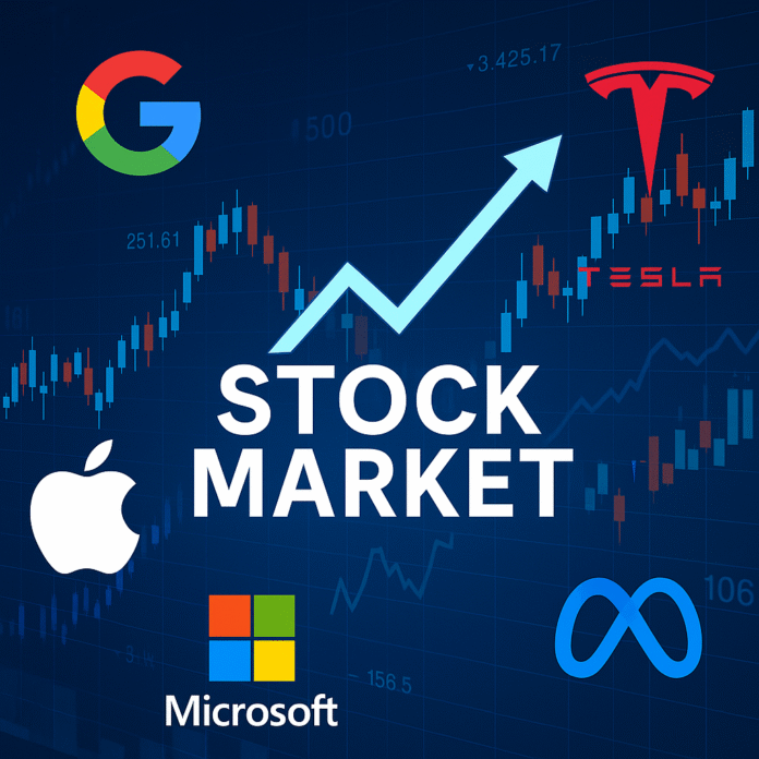 llustratsioon tekstiga 'Stock Market', taustal kasvav hinnagraafik ja suurettevõtete logod: Google, Tesla, Apple, Microsoft ja Meta.