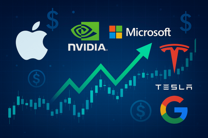 Tuntud tehnoloogiaettevõtete logod: Apple, Nvidia, Microsoft, Tesla ja Google, taustal kasvav hinnagrafik ja dollarimärgid
