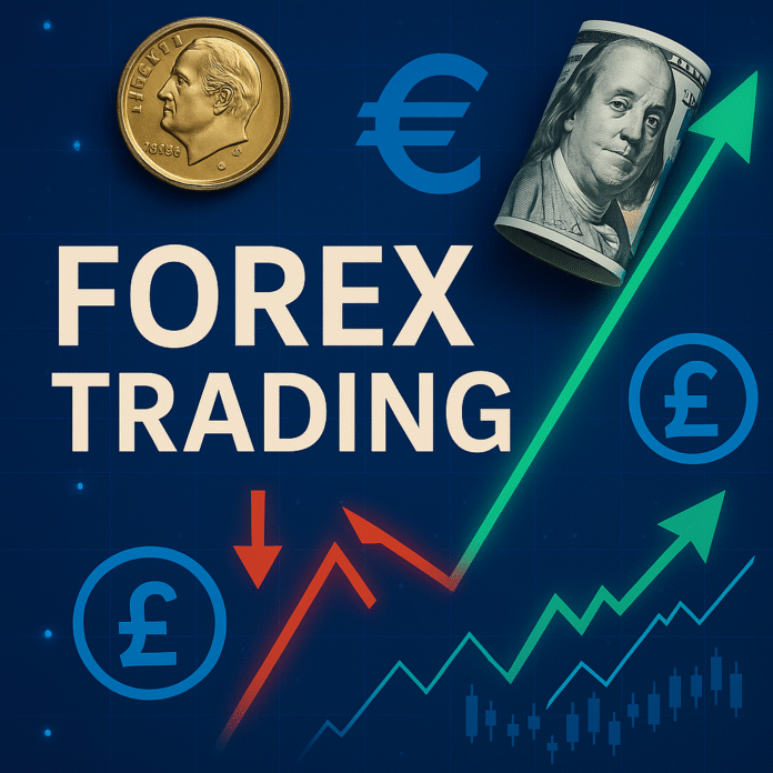 FOREX Trading graafik, valuutasümbolid, kuldmünt ja dollari kupüür, rohelise ja punase trendijoonega.