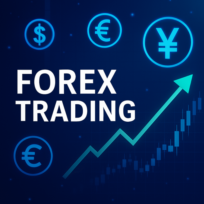 FOREX Trading tekst, tõusvate diagrammide ja valuutasümbolitega tumedal taustal.