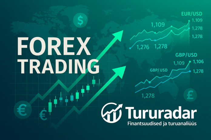 FOREX Trading graafikute ja valuutasümbolitega, tõusvate roheliste noolte ja TuruRadar logoga.