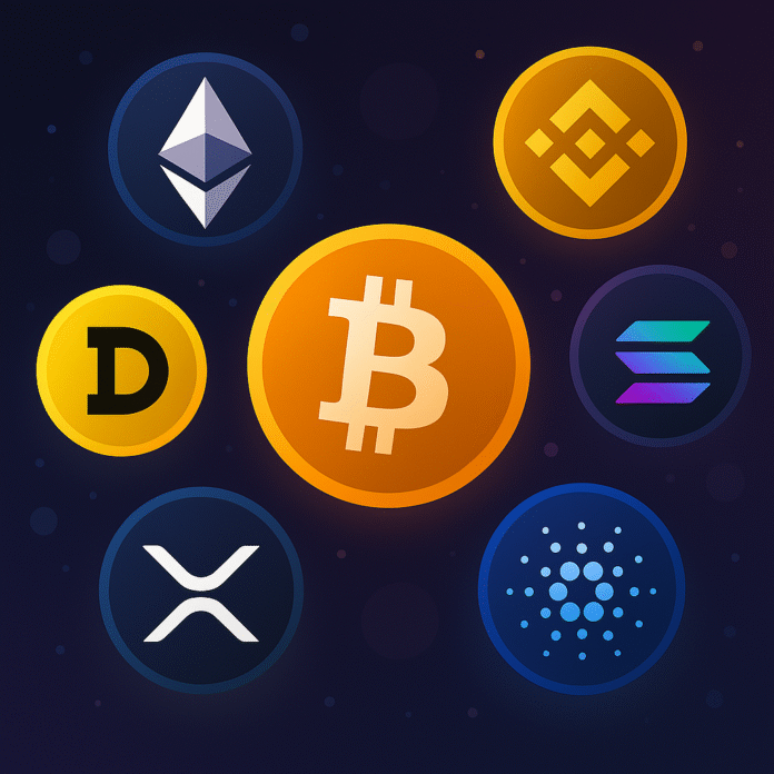 Stiilne illustratsioon populaarsete krüptovaluutade sümbolitega: Bitcoin, Ethereum, Litecoin ja Cardano värvilistel müntidel, taust tume