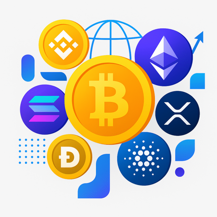 Stiilne illustratsioon populaarsete krüptovaluutade sümbolitega: Bitcoin, Ethereum, Litecoin ja Cardano värvilistel müntidel, taust hele