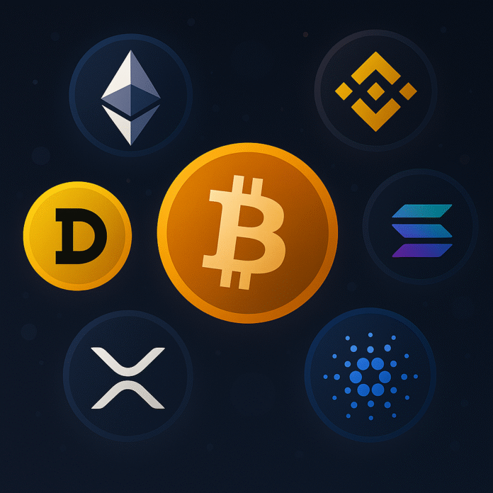 Stiilne illustratsioon populaarsete krüptovaluutade sümbolitega: Bitcoin, Ethereum, Litecoin ja Cardano värvilistel müntidel