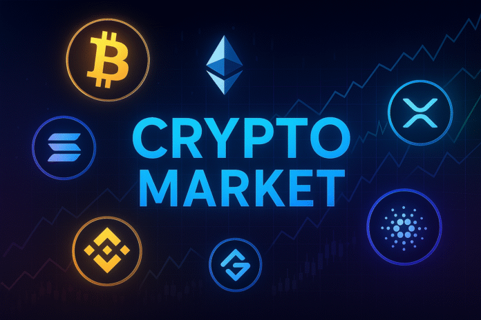 Stiilne illustratsioon populaarsete krüptovaluutade sümbolitega: Bitcoin, Ethereum, Litecoin ja Cardano värvilistel müntidel, taustal sinakas-lilla graafik.