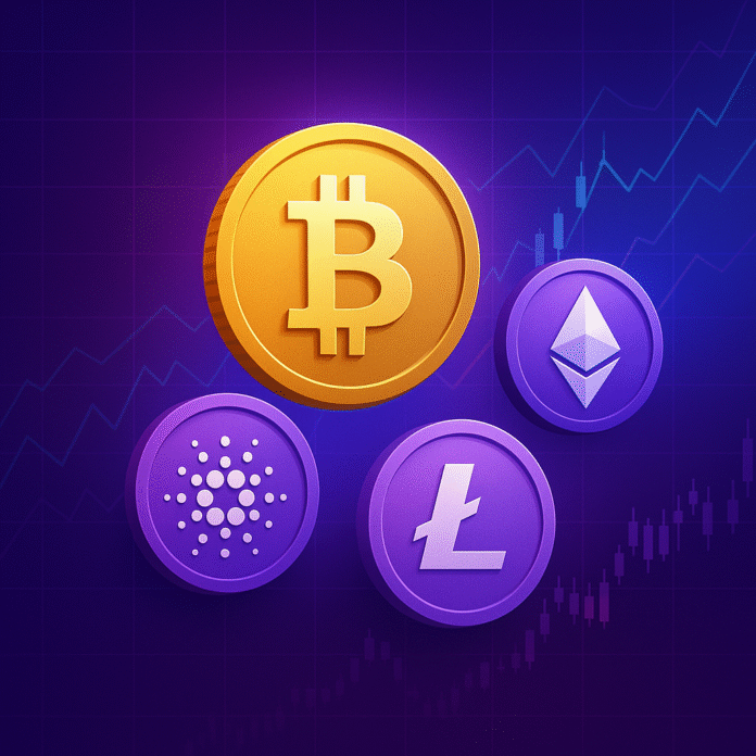 Stiilne illustratsioon populaarsete krüptovaluutade sümbolitega: Bitcoin, Ethereum, Litecoin ja Cardano värvilistel müntidel, taustal sinakas-lilla graafik.