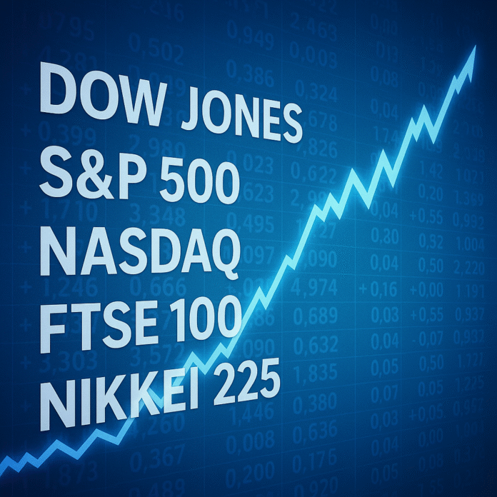 Peamiste aktsiaindeksite nimed Dow Jones, S&P 500, Nasdaq ja Nikkei 225 tõusva graafiku taustal