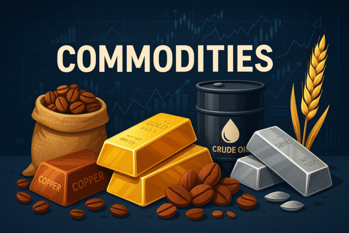 Kullakangid, hõbedaplaadid, kohv, vask nisu, naftatünn, millel kiri CRUDE OOL ja kiri COMMODITIES MARKET
