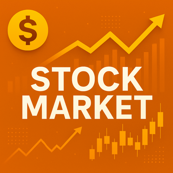Aktsiaturu graafik nooltega ja protsendid, kiri stock market, oranž taust