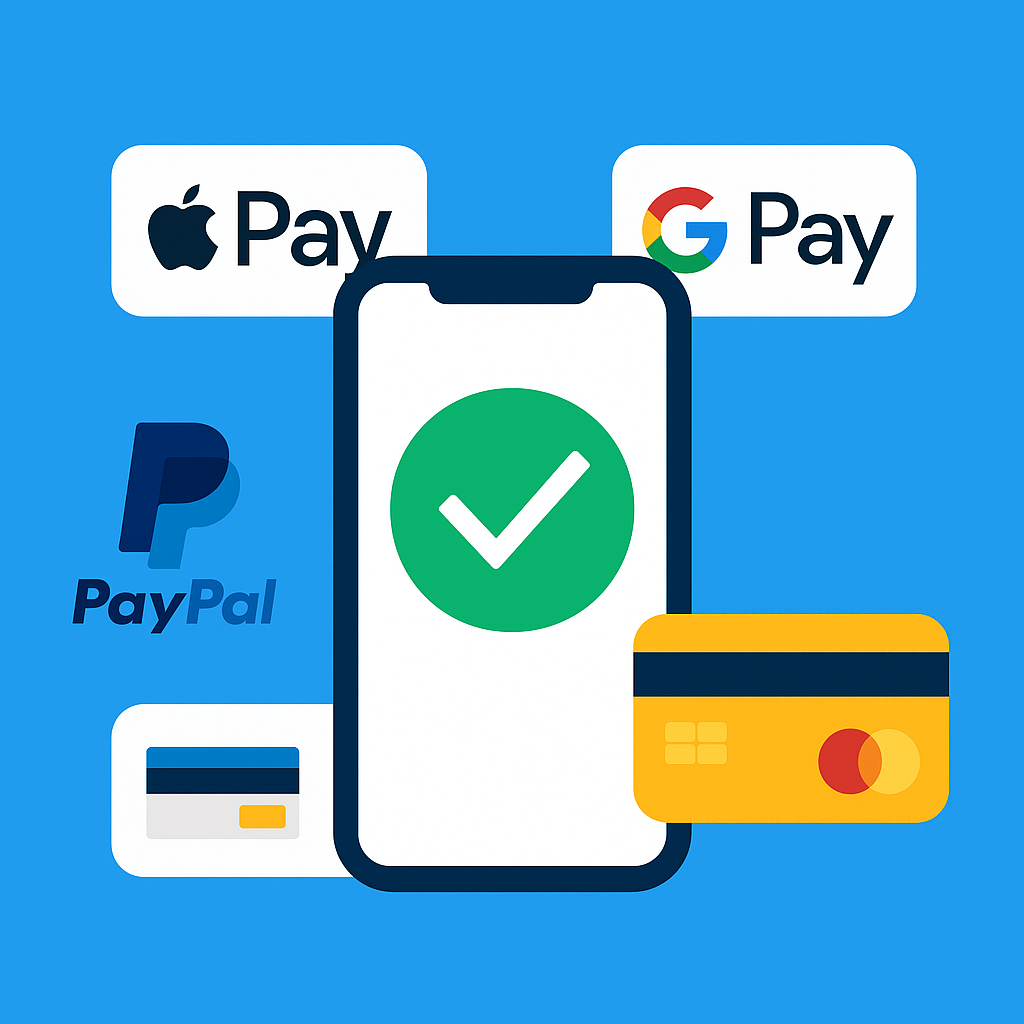 Turvaline maksmine – digitaalne illustratsioon, mis kujutab nutitelefoni rohelise linnukesega, ümbritsetuna Apple Pay, Google Pay, PayPali ja Mastercardi ikoonidest, esindades erinevaid makseviise e-poes.