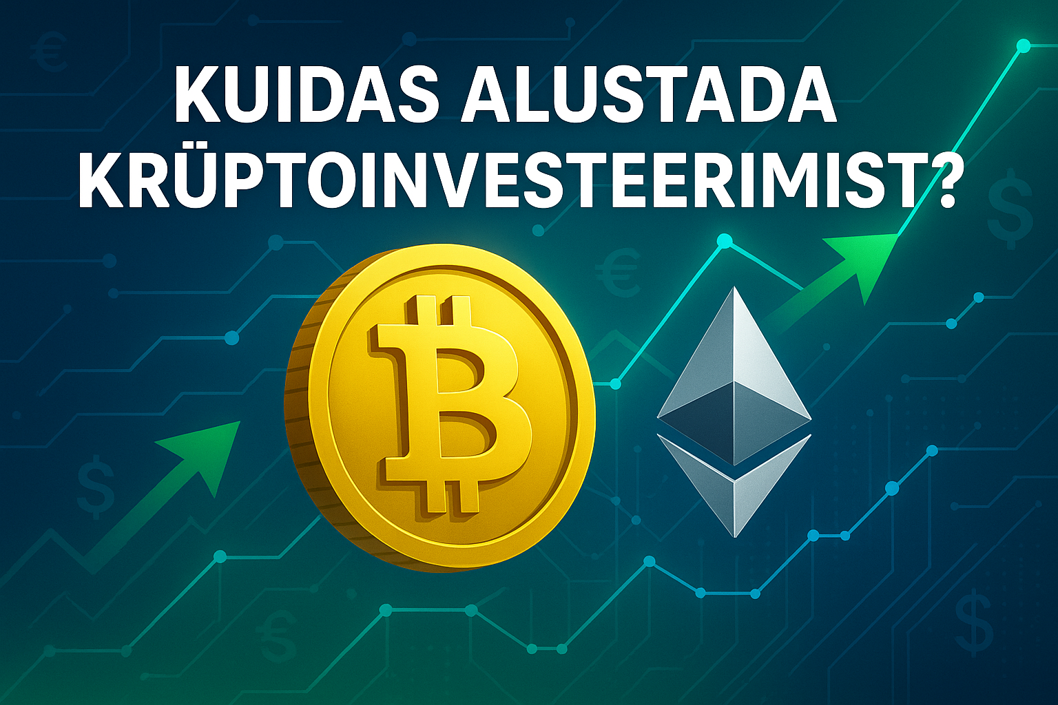 Kuidas alustada krüptoinvesteerimist – illustratsioon digitaalsetest müntidest ja graafikutest, mis sümboliseerivad krüptoraha ja investeerimist.