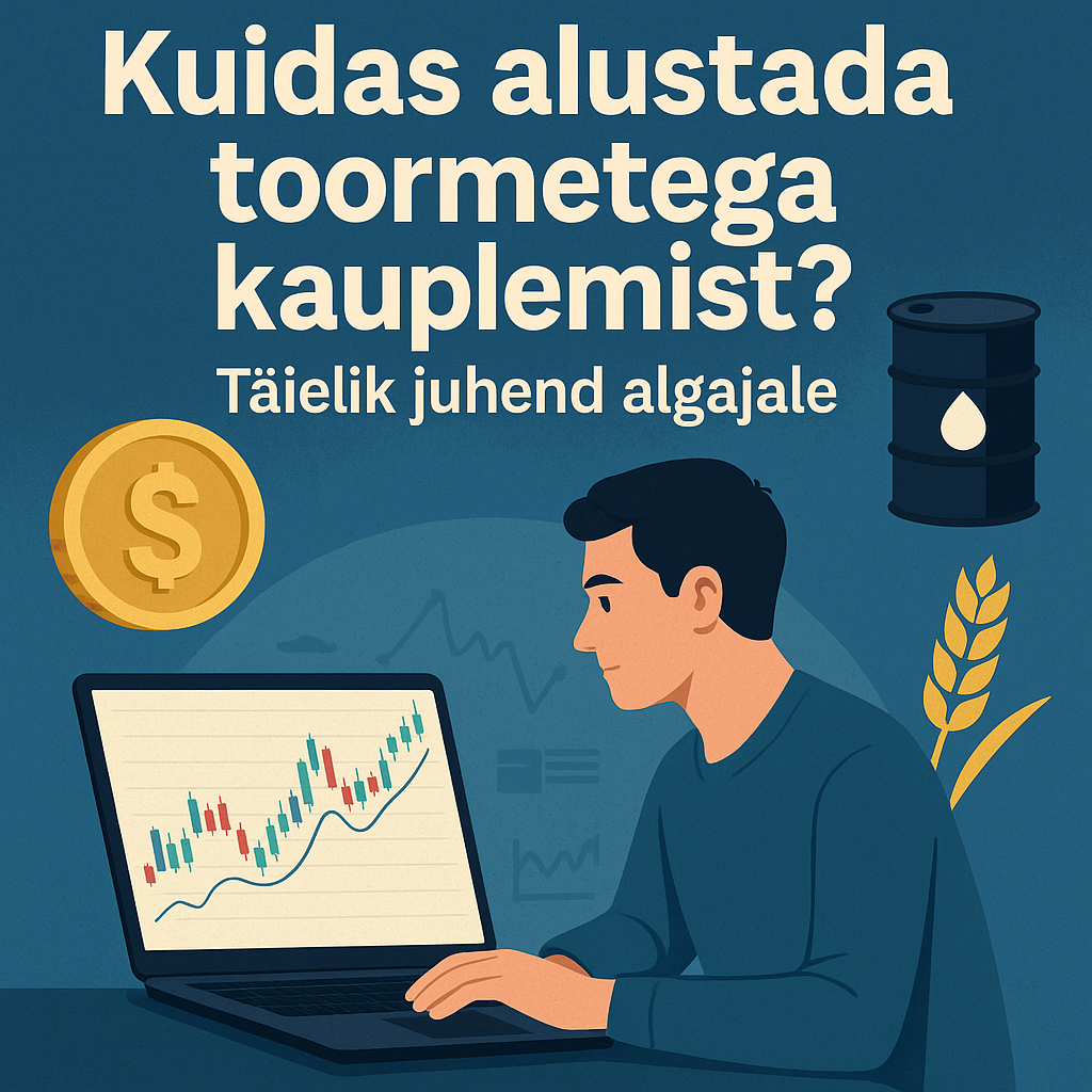 Mees analüüsib arvutis toormete kauplemisgraafikut. Taustal kuldmünt, naftatünn ja nisu. Tekst: Kuidas alustada toormetega kauplemist? Täielik juhend algajale.