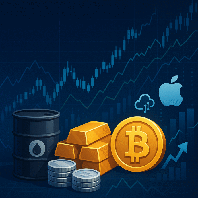 Illustratsioon nädala finantsturgude kokkuvõtte kohta, sisaldades märksõnu: nafta hind, Brenti toornafta hind, WTI nafta, kulla hind, hõbeda hind, Bitcoini hind, forex turg, aktsiaturg ja investeerimisega alustamine.