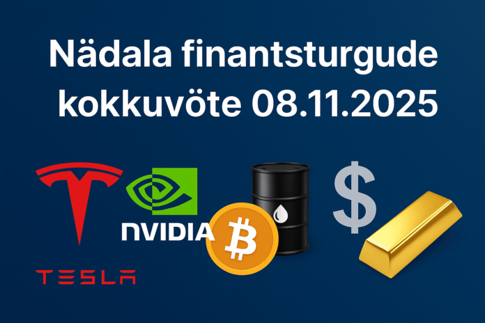 Tesla ja Elon Musk fookuses – nädala finantsturgude kokkuvõte 08.11.2025. Digitaalne illustratsioon, mis kujutab aktsiaturgude, nafta ja kulla arenguid novembris 2025.
