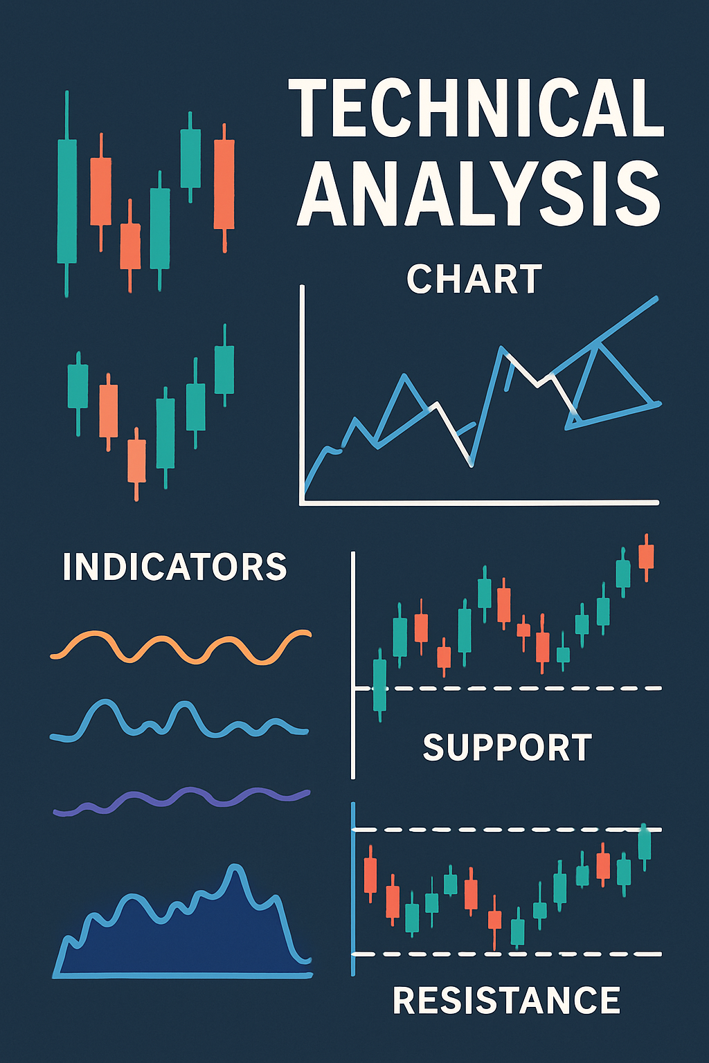 Tehnilise analüüsi graafiline ülevaade: küünalgraafikud, indikaatorid, trendijooned ja toetus-vastupanu tasemed.